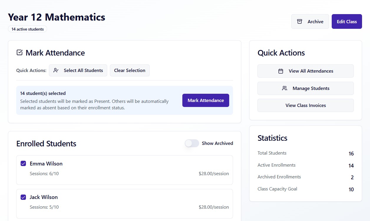Desktop attendance marking with student selection
