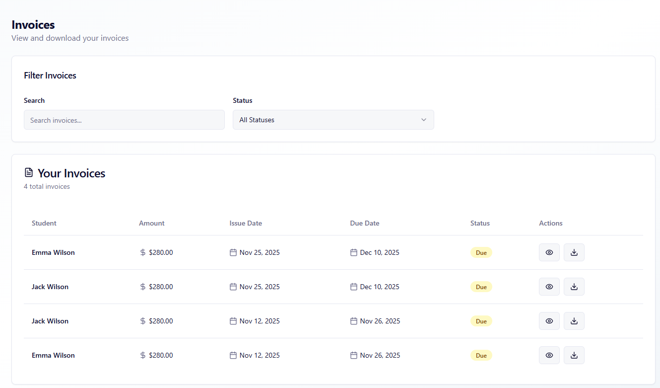 Invoice management with search and downloads