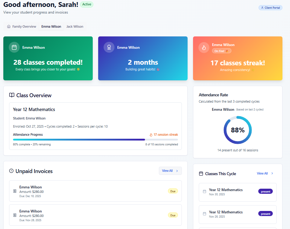Parent dashboard with student progress and achievements