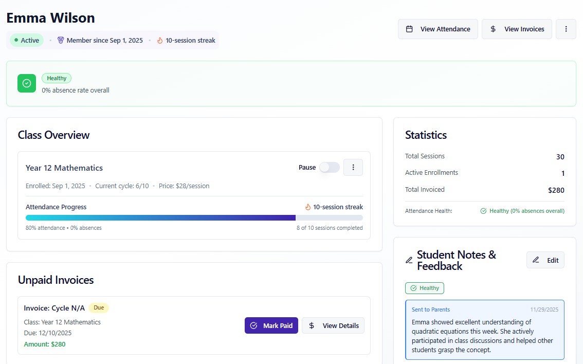 Student profile with attendance tracking and invoices