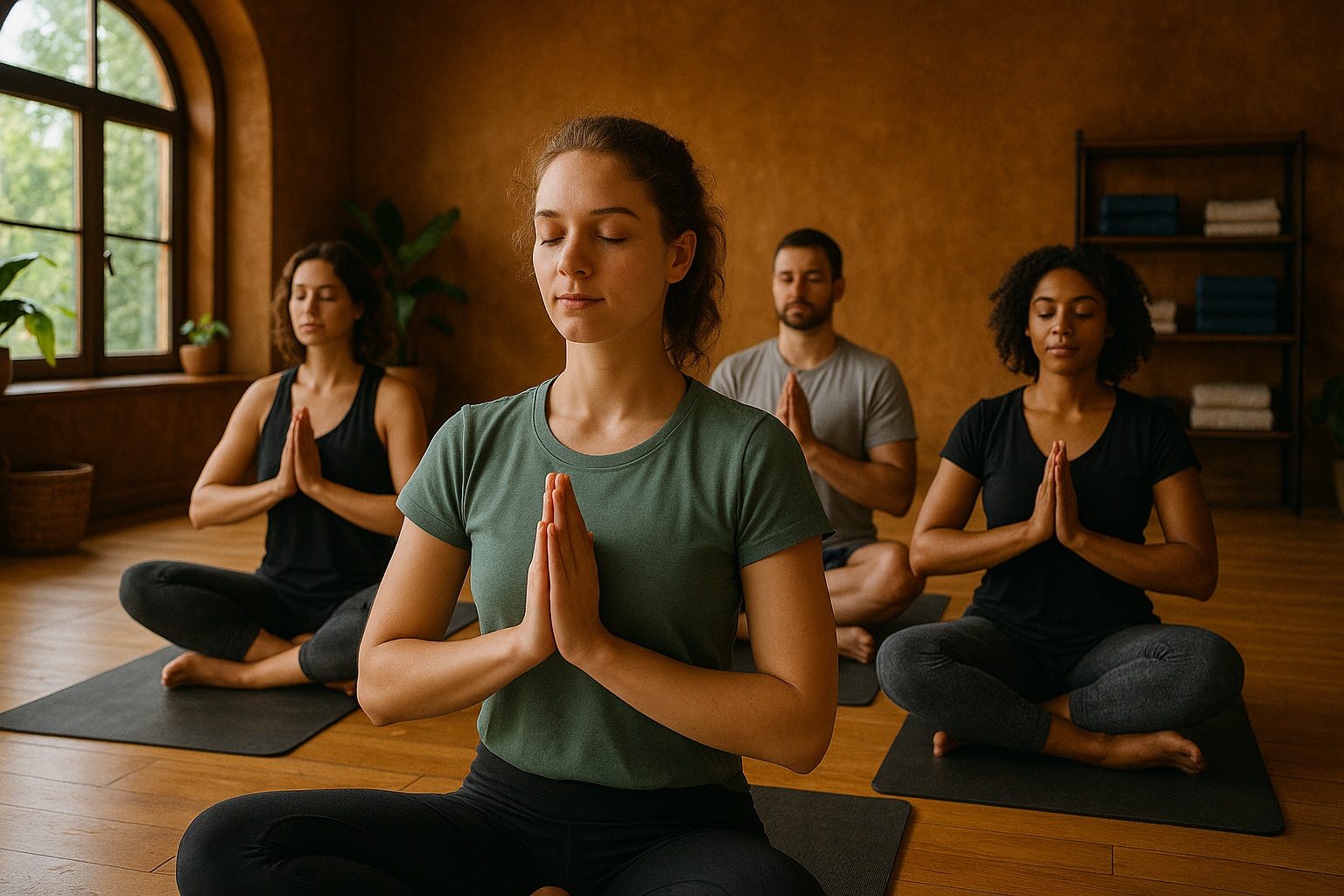 Yoga class with instructor and students in meditation pose